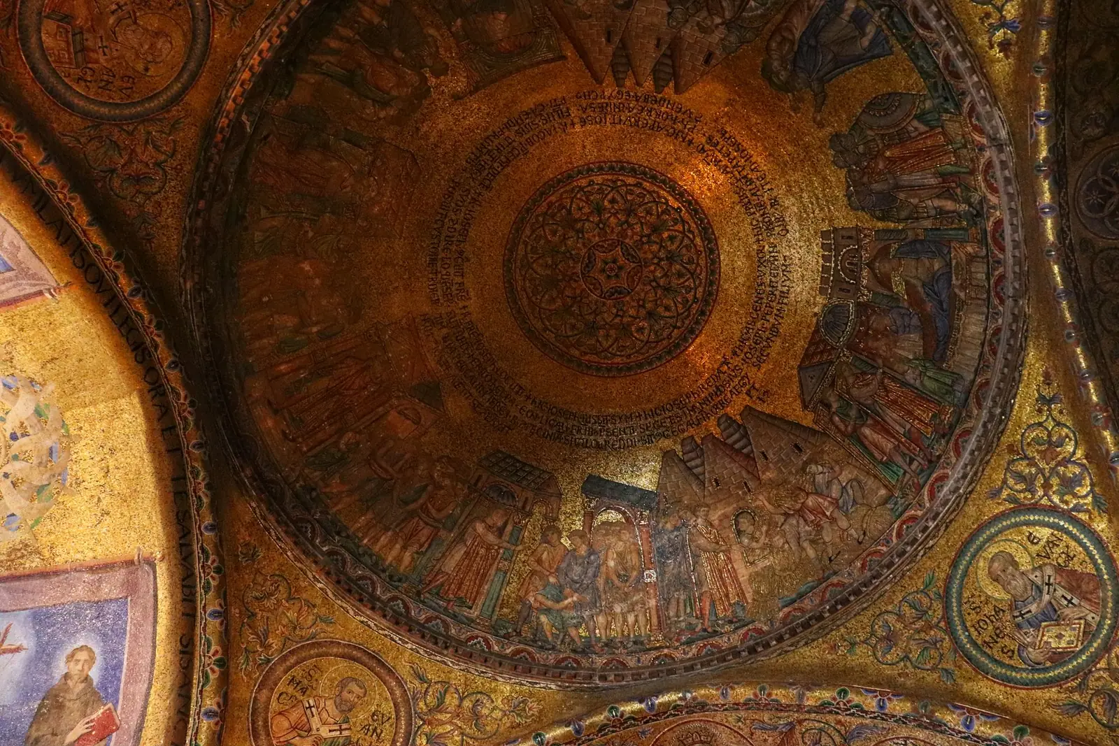 Golden mosaic covering the inside of a dome at St Mark’s Basilica in Venice.