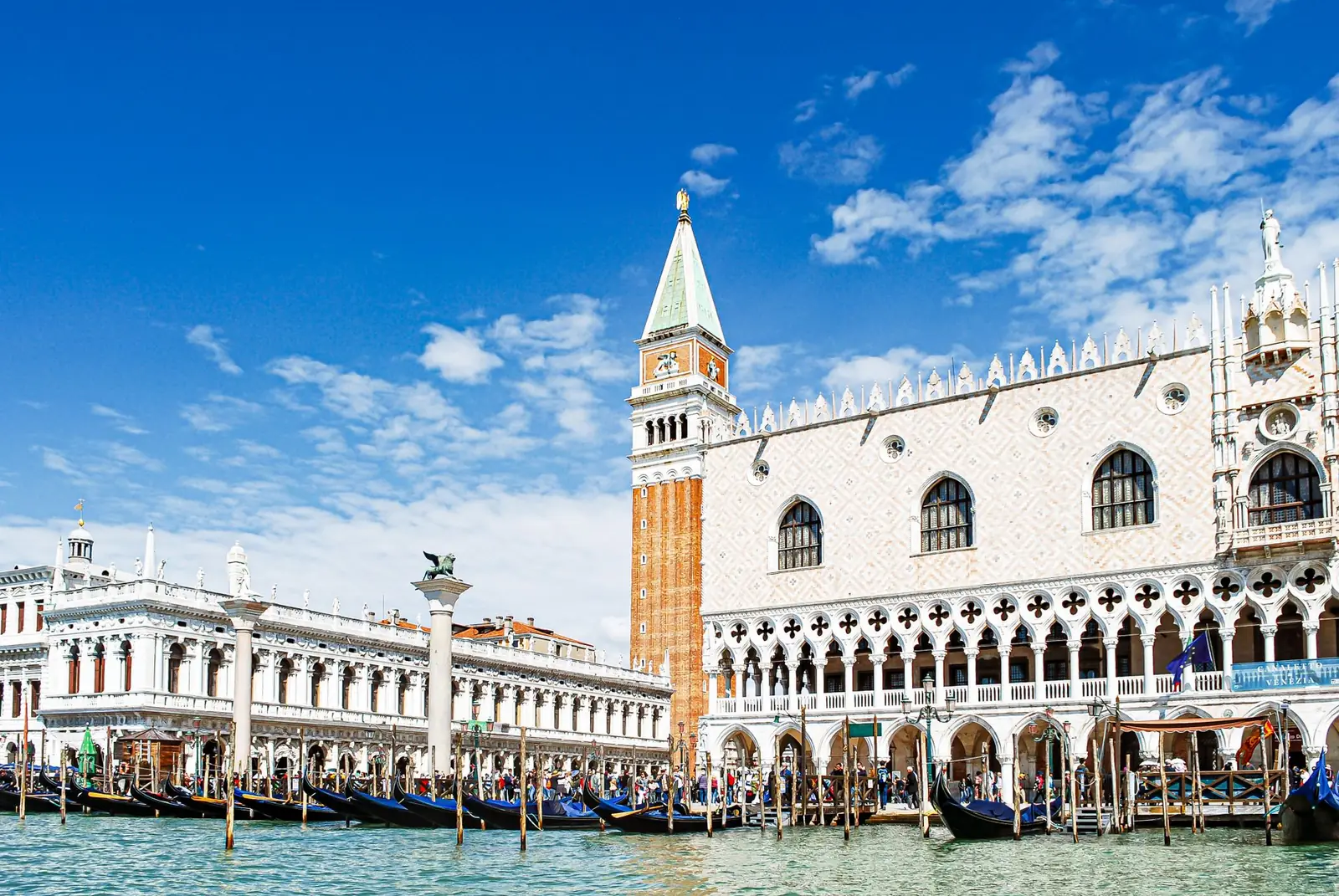 Doge’s Palace beside St Mark’s Campanile, viewed across the lagoon waterfront.