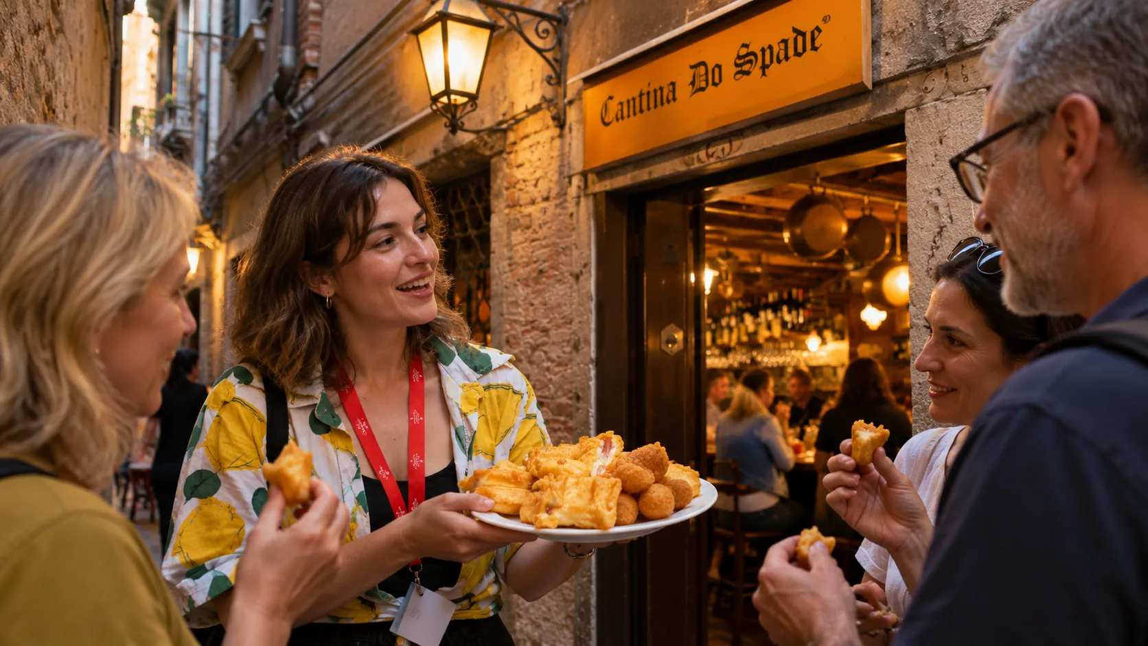 Illustrative guide sharing Venetian savoury snacks with guests outside a neighbourhood bacaro.