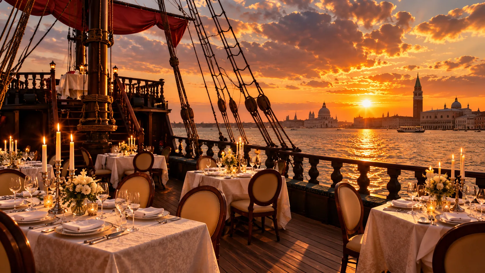 Illustrative candlelit dining tables on a Venetian galleon overlooking the lagoon at sunset.