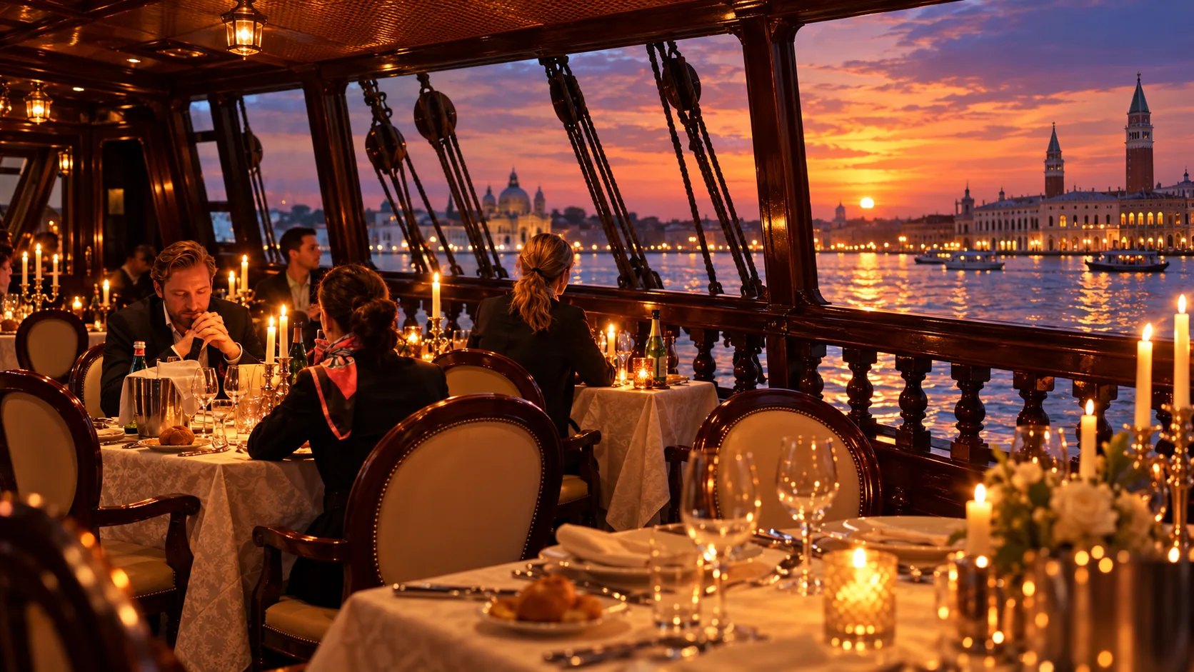 Illustrative candlelit dining room aboard a Venetian galleon, with guests and lagoon views through the windows.