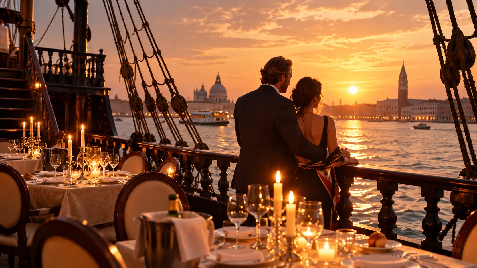 Illustrative couple standing by the rail aboard a Venetian galleon as the sun sets over the lagoon.