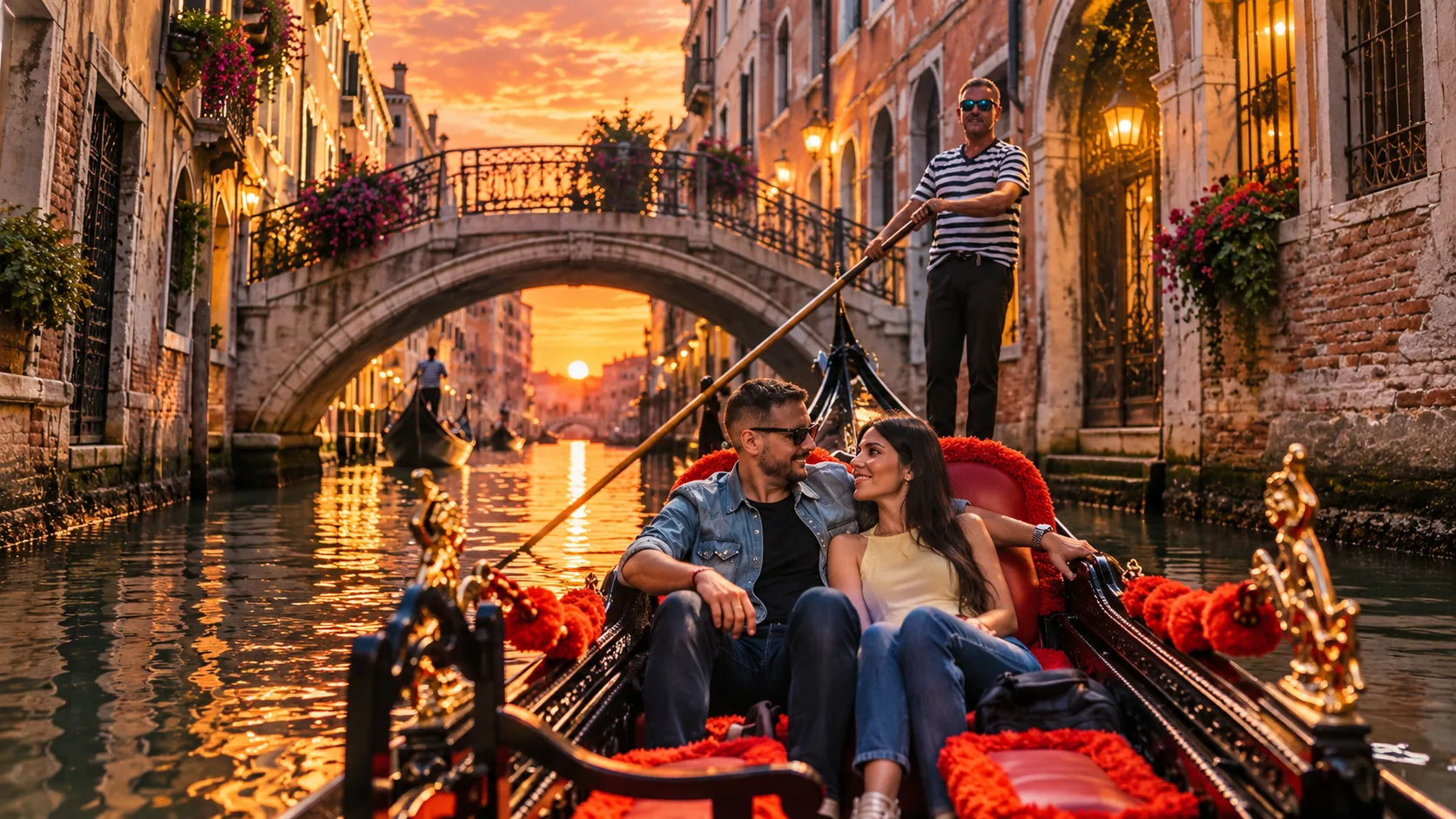 Illustrative scene of a couple in a gondola beneath a bridge on a Venetian canal at sunset.