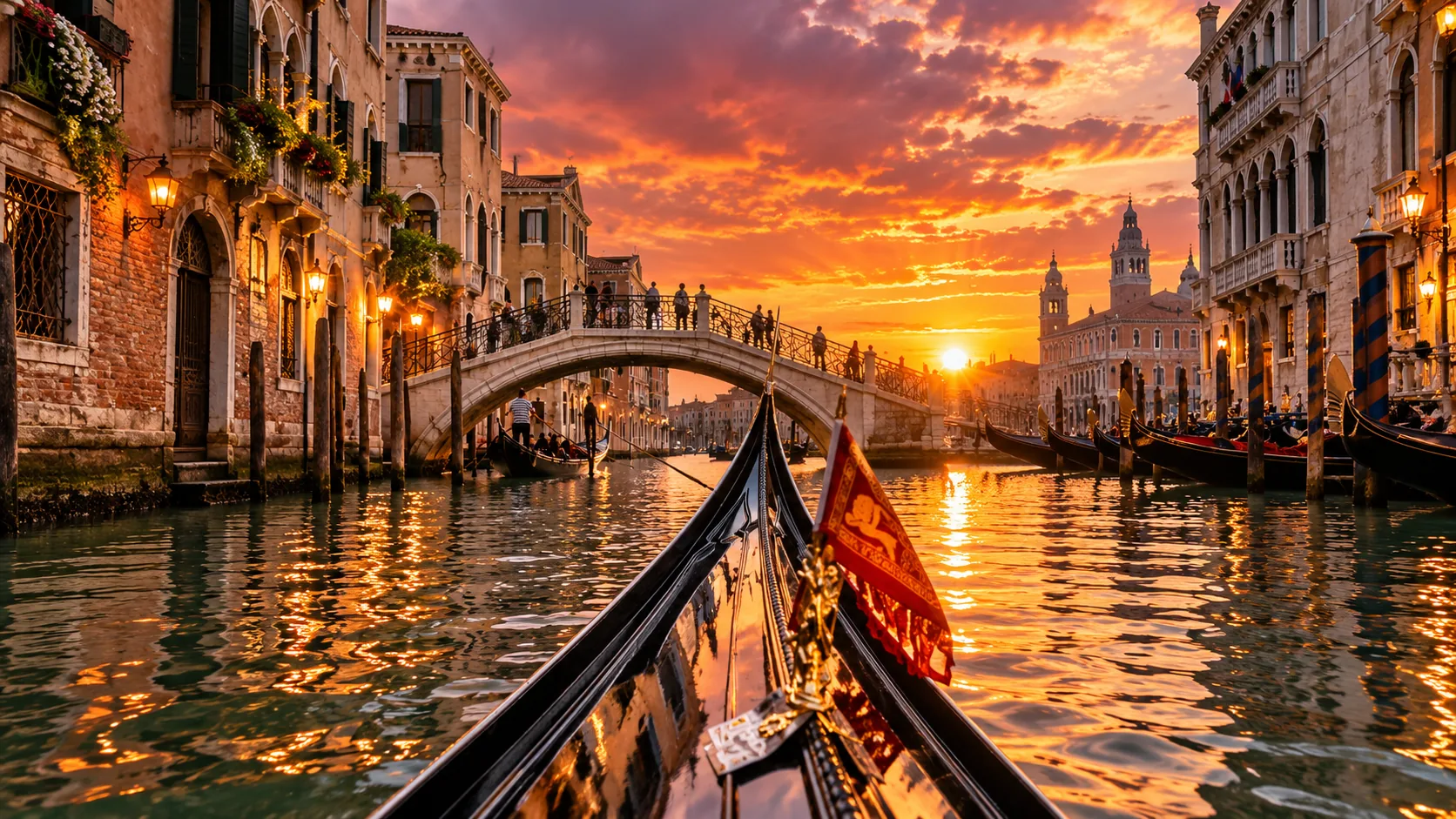 Illustrative view from the bow of a gondola travelling along Venice’s Grand Canal at sunset.