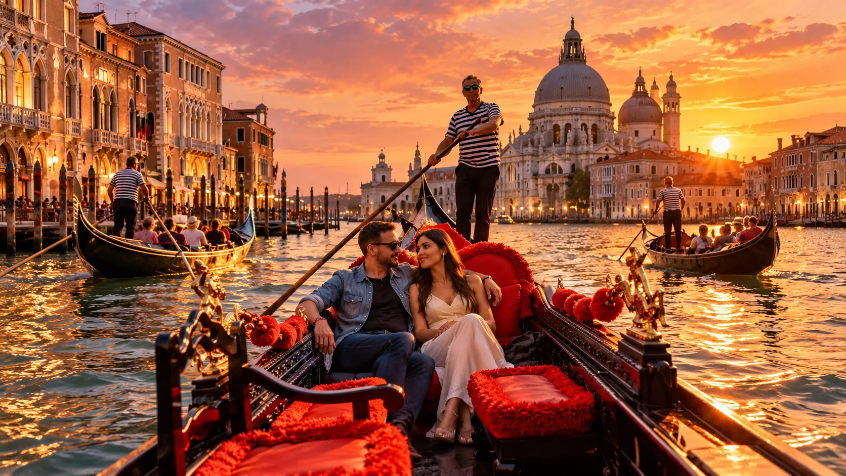 Illustrative scene of a couple riding in a gondola on the Grand Canal, with Santa Maria della Salute in the distance.