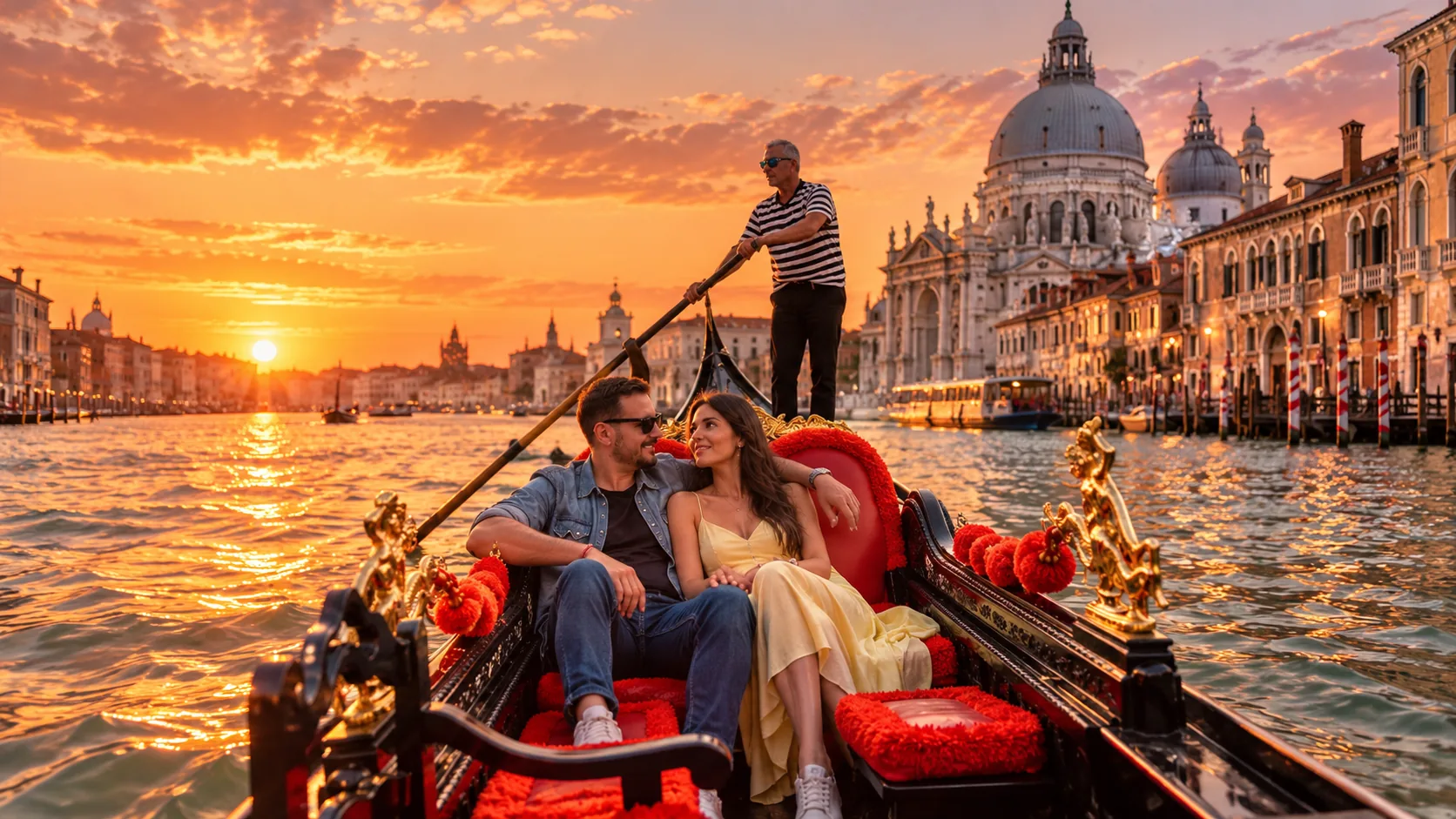 Illustrative scene of a couple riding a gondola on Venice’s Grand Canal at sunset, with Santa Maria della Salute behind them.