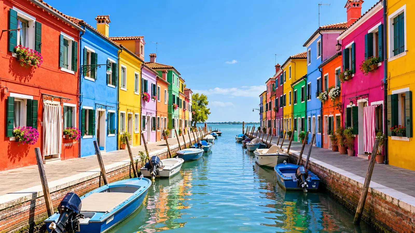 Colorful houses line a canal on Burano, with small boats moored along the water.