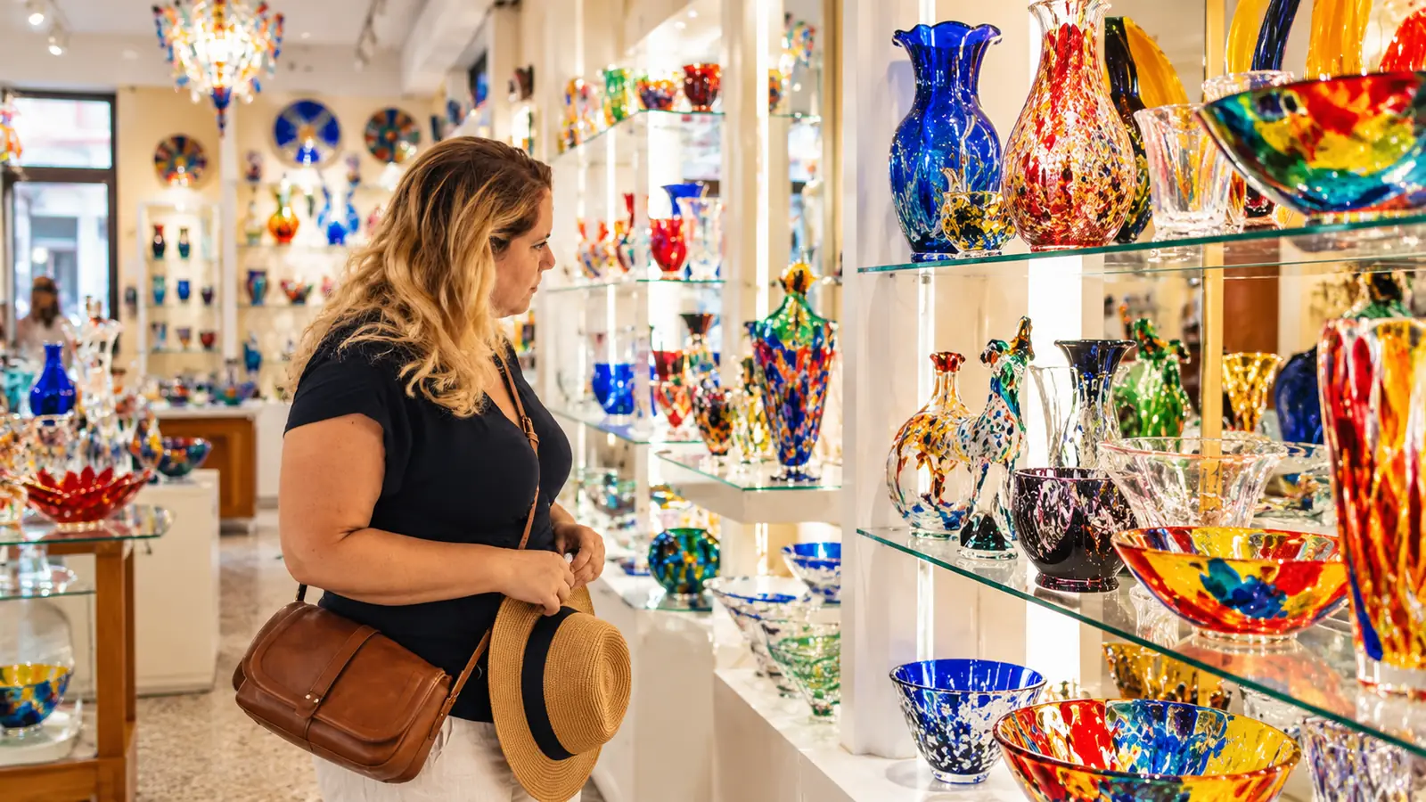 Visitor browsing colorful glass vessels in a Murano glass shop.