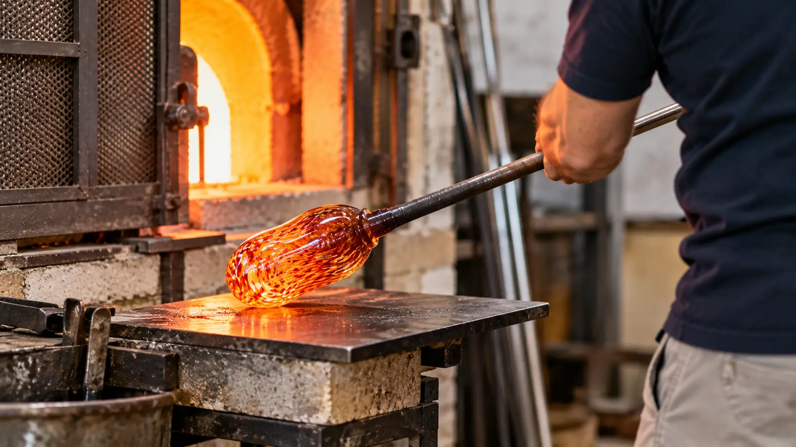 Glass artisan shaping molten glass with a blowpipe beside a hot furnace.