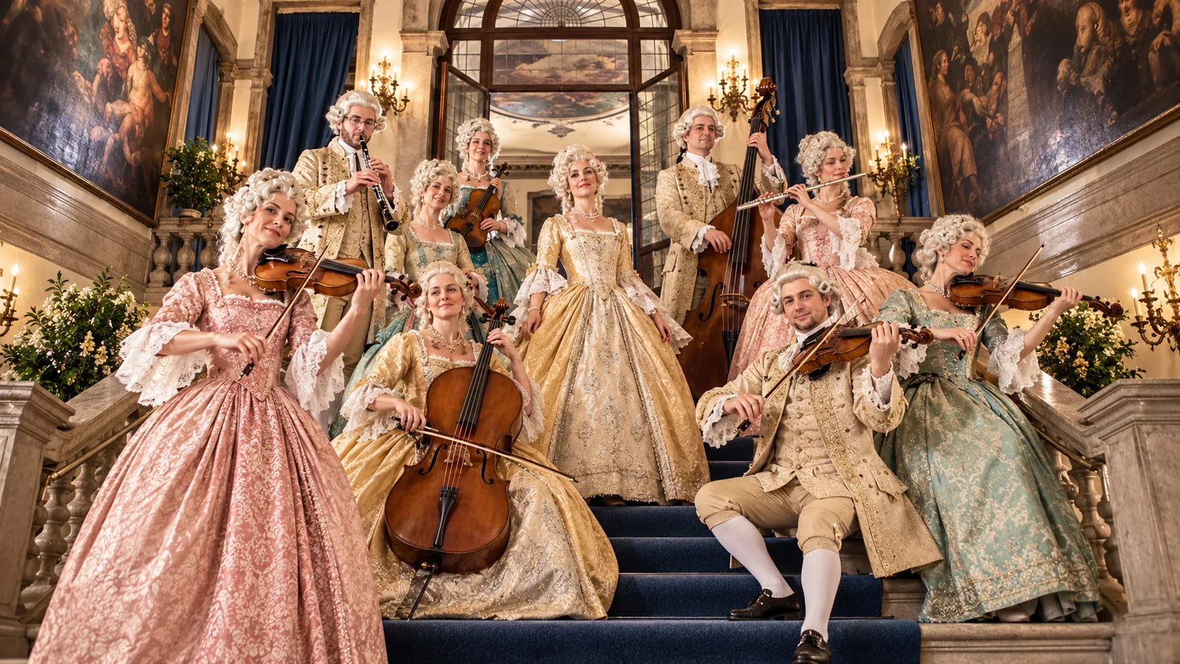 Illustrative period-costumed string ensemble posed in an ornate Venetian concert hall.