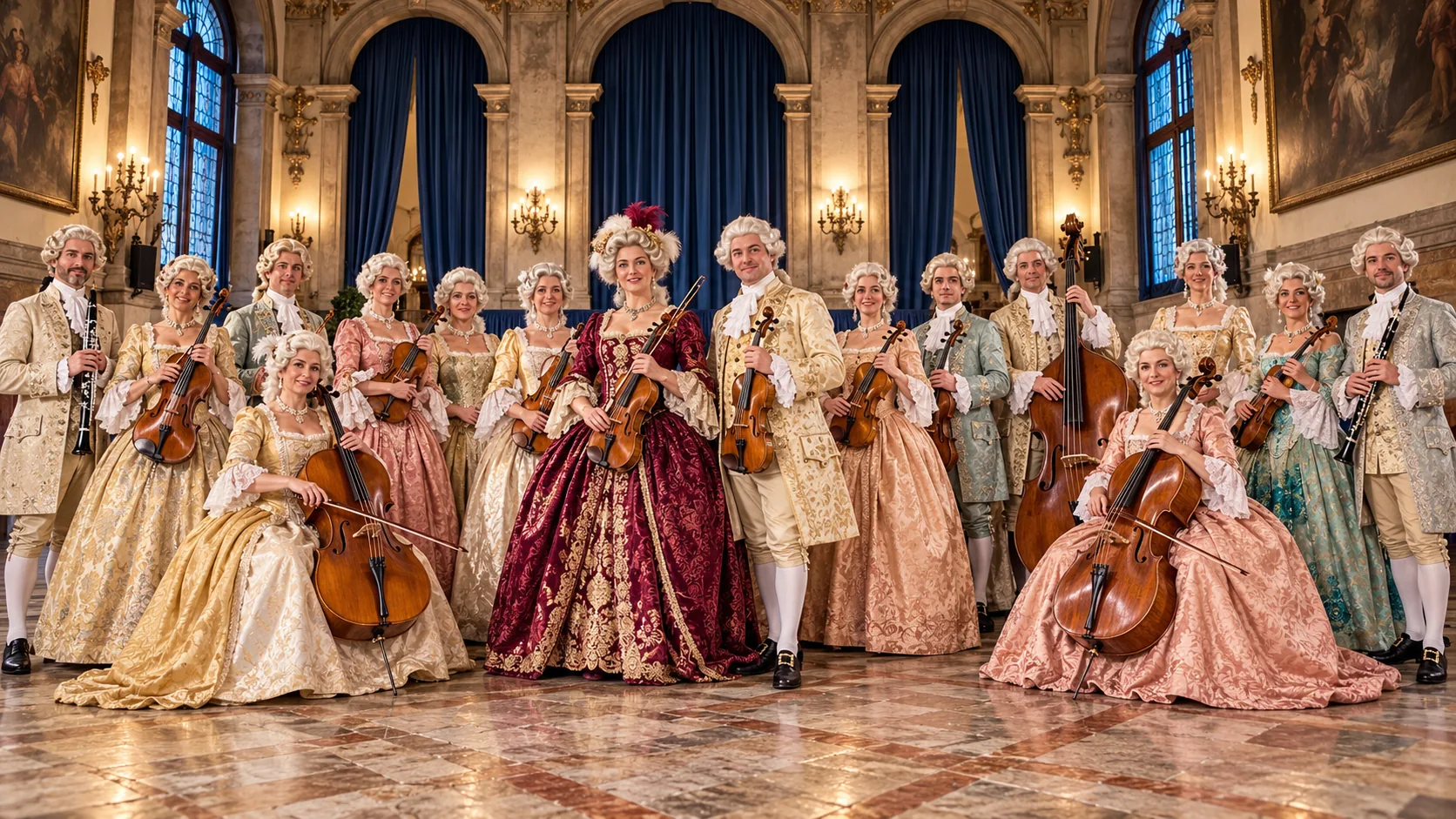 Illustrative period-costumed chamber orchestra assembled in an ornate Venetian hall.