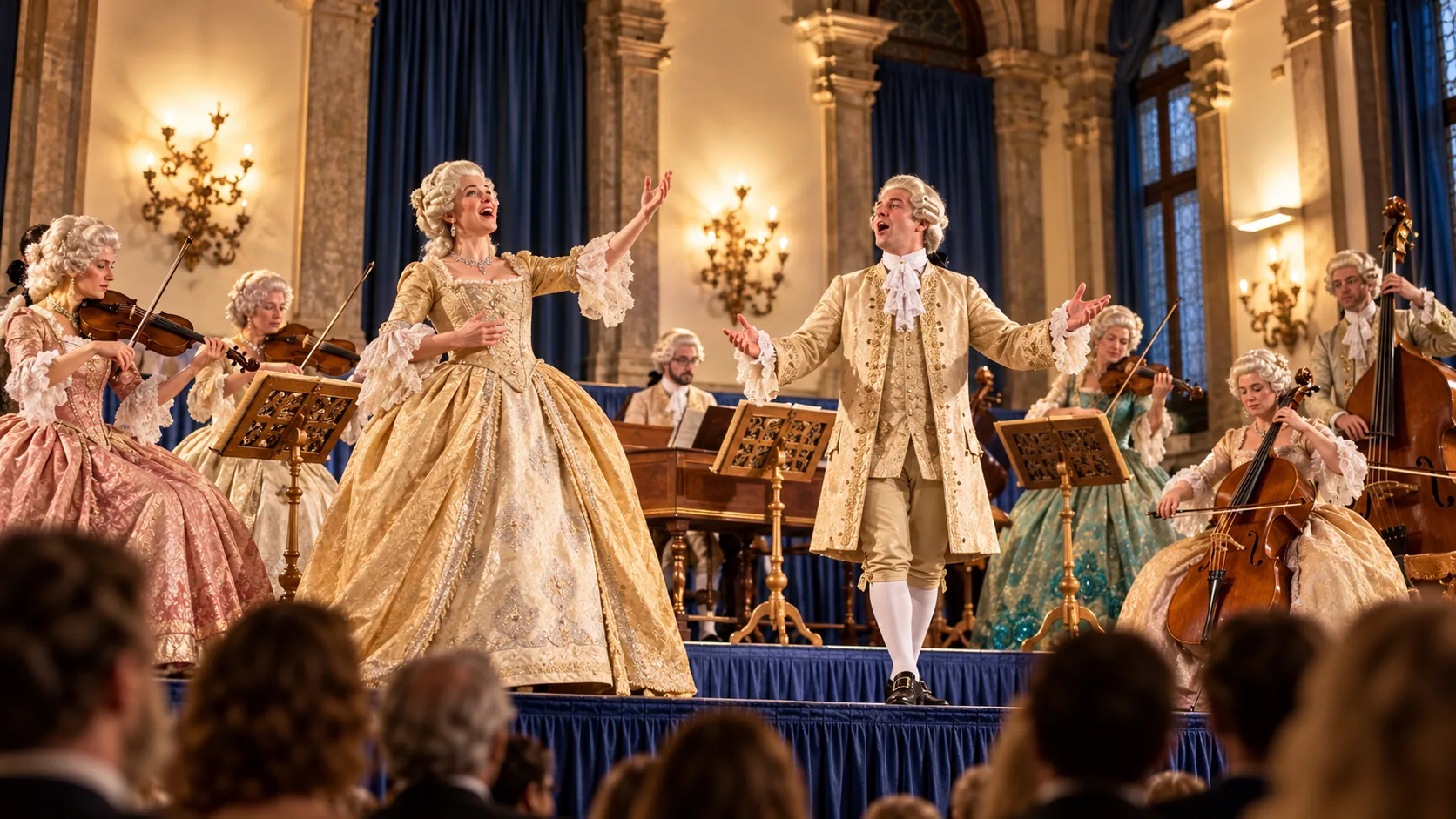 Illustrative period-costumed performers singing with a chamber orchestra in a Venetian concert hall.